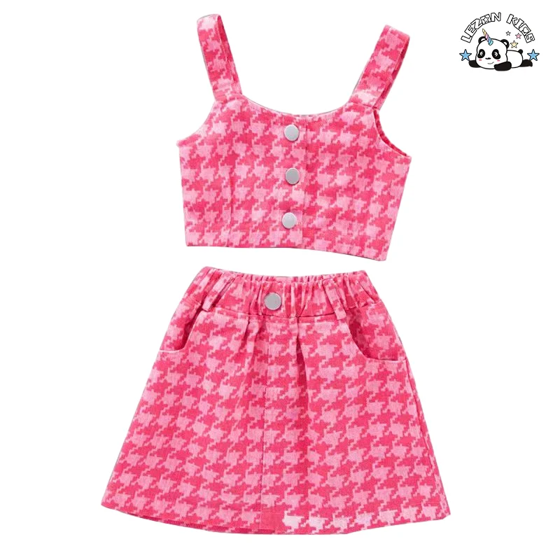 LEZONKIDS - Atacado de Alta Qualidade Conjunto de Roupas de Meninas Personalizadas com Alças de Espaguete e Botões e Saia com Bolsos